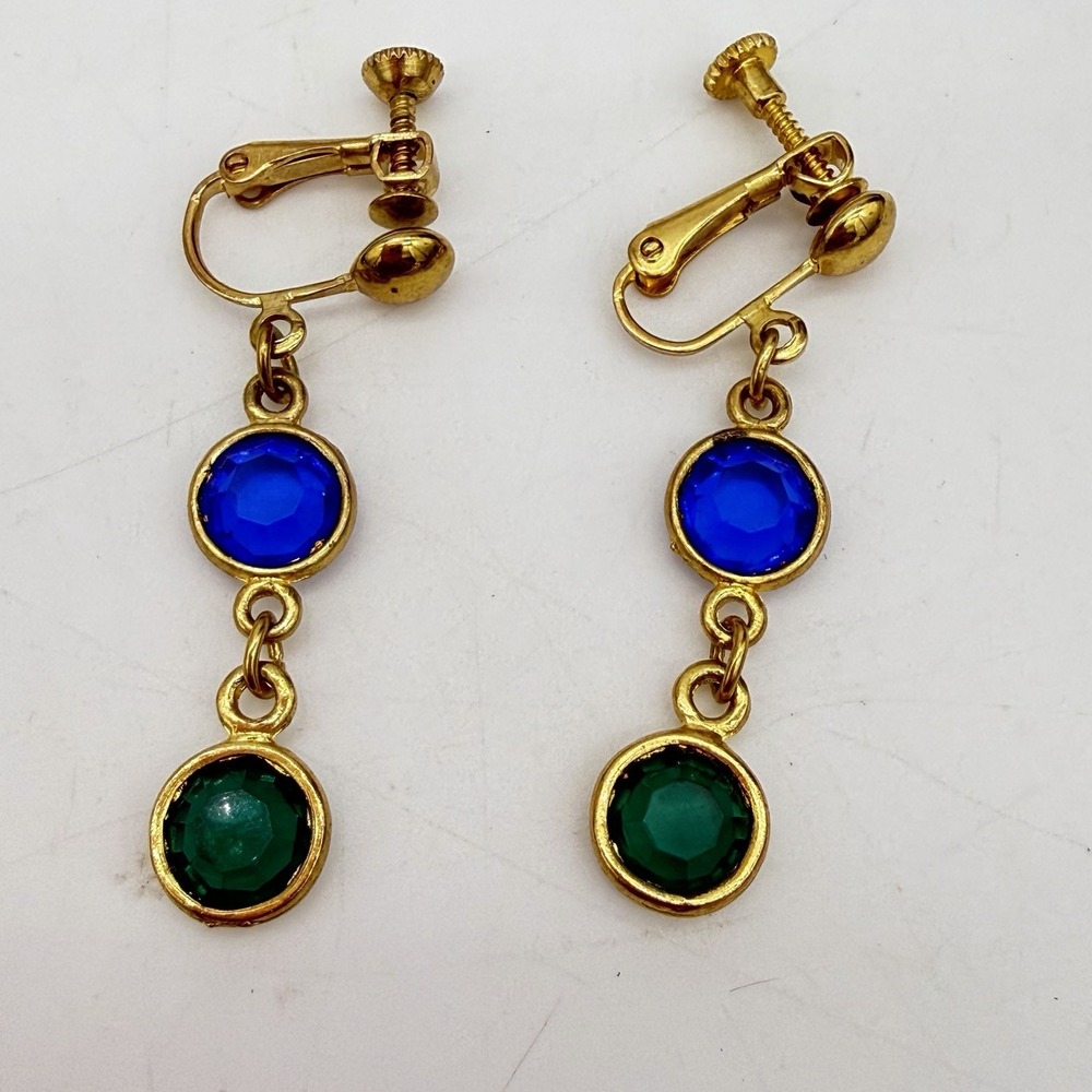 Vintage Bezel Set Crystal Earrings Gold Tone Art Deco Screw Back Estate